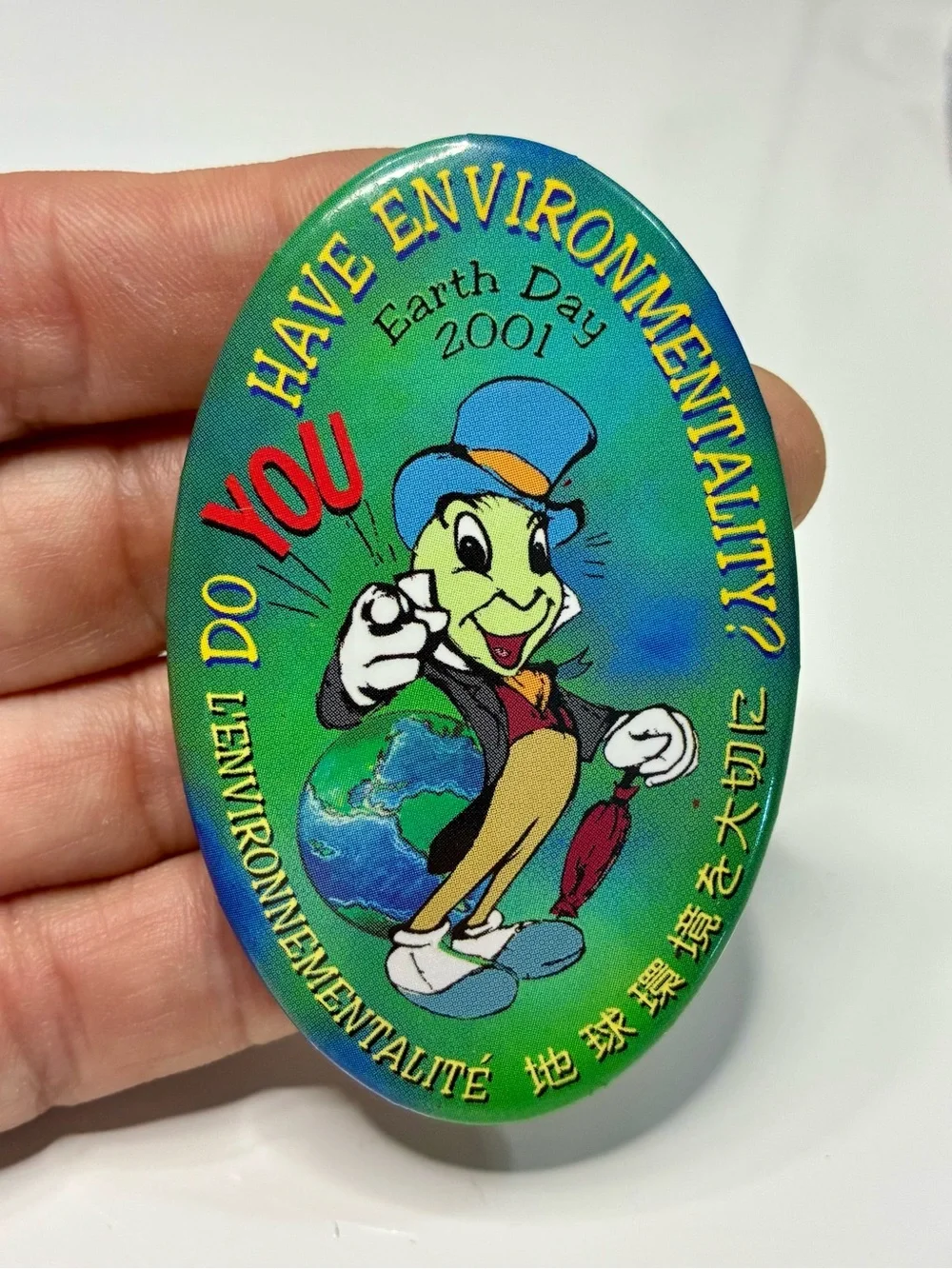 Earth Day 2001 Jiminy Cricket International Environmental Button - Green Blue
